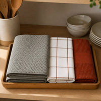 Kit Cocina Absorbente 4 Piezas: 2 Mat Secaplatos + 2 Paños Algodón — Gris / Cuadros Terracota