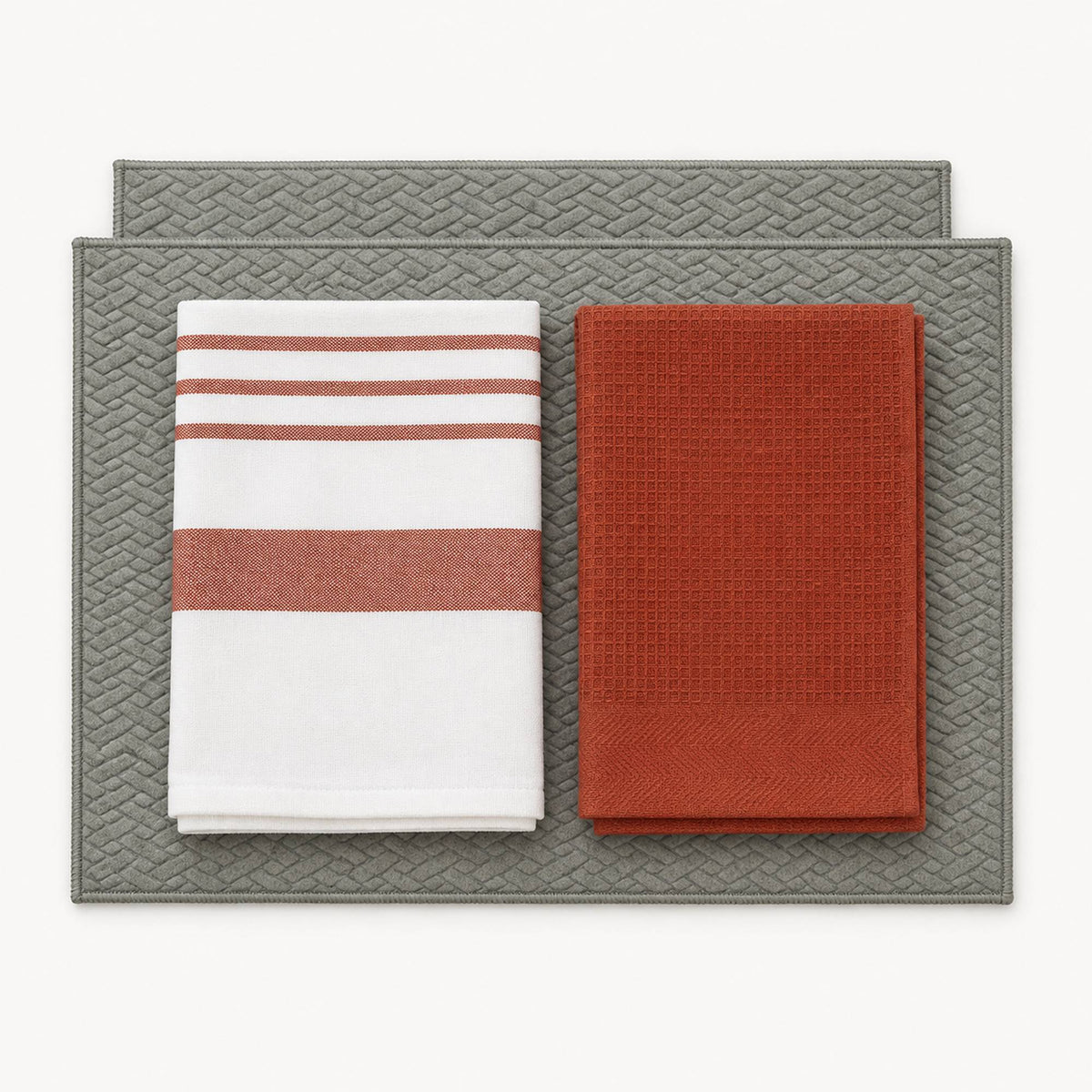 Kit Cocina Absorbente 4 Piezas: 2 Mat Secaplatos + 2 Paños Algodón — Gris / Líneas Terracota