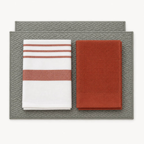 Kit Cocina Absorbente 4 Piezas: 2 Mat Secaplatos + 2 Paños Algodón — Gris / Líneas Terracota