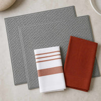 Kit Cocina Absorbente 4 Piezas: 2 Mat Secaplatos + 2 Paños Algodón — Gris / Líneas Terracota
