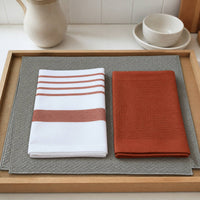 Kit Cocina Absorbente 4 Piezas: 2 Mat Secaplatos + 2 Paños Algodón — Gris / Líneas Terracota