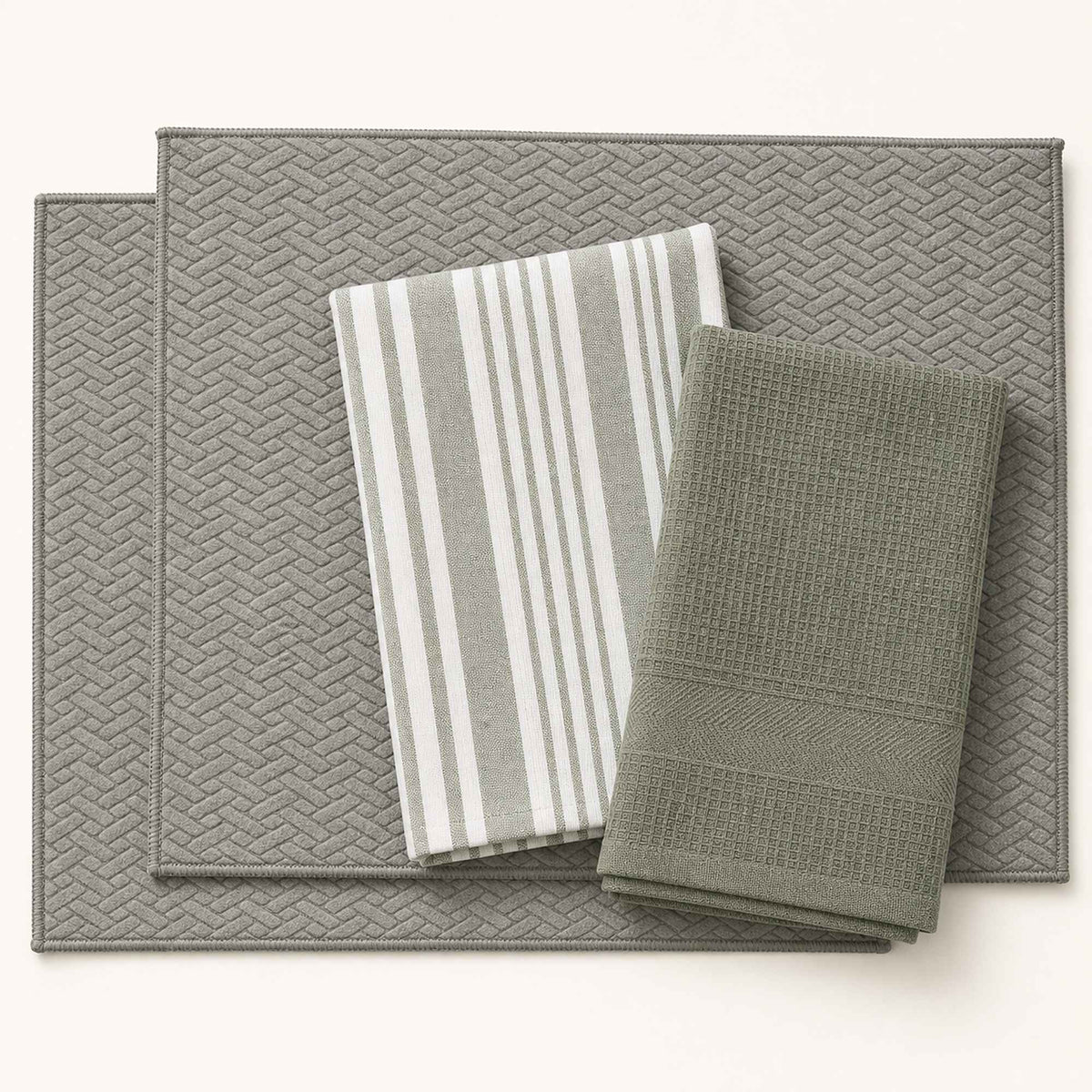 Kit Cocina Absorbente 4 Piezas: 2 Mat Secaplatos + 2 Paños Algodón — Gris / Líneas Verde Olivo