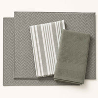 Kit Cocina Absorbente 4 Piezas: 2 Mat Secaplatos + 2 Paños Algodón — Gris / Líneas Verde Olivo