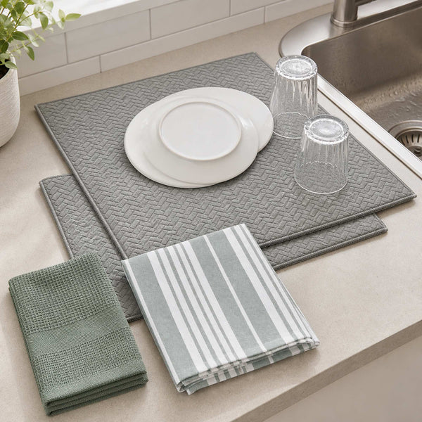 Kit Cocina Absorbente 4 Piezas: 2 Mat Secaplatos + 2 Paños Algodón — Gris / Líneas Verde Olivo