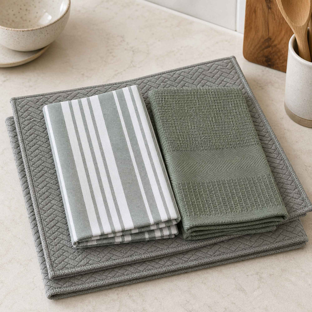 Kit Cocina Absorbente 4 Piezas: 2 Mat Secaplatos + 2 Paños Algodón — Gris / Líneas Verde Olivo