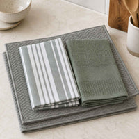 Kit Cocina Absorbente 4 Piezas: 2 Mat Secaplatos + 2 Paños Algodón — Gris / Líneas Verde Olivo