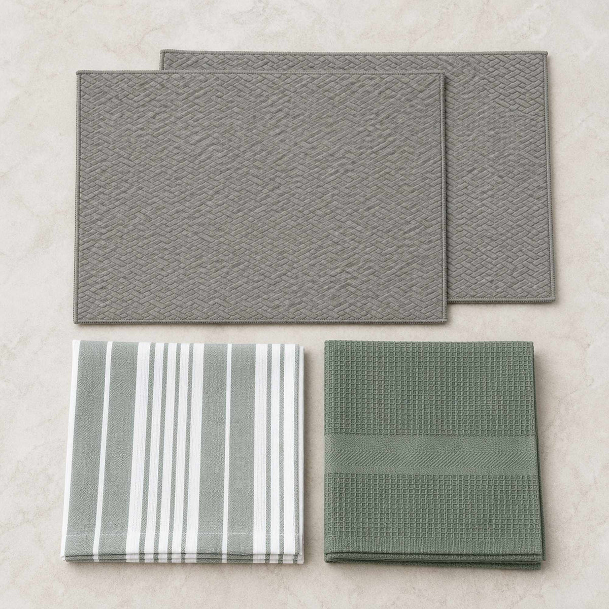 Kit Cocina Absorbente 4 Piezas: 2 Mat Secaplatos + 2 Paños Algodón — Gris / Líneas Verde Olivo