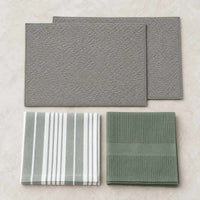 Kit Cocina Absorbente 4 Piezas: 2 Mat Secaplatos + 2 Paños Algodón — Gris / Líneas Verde Olivo