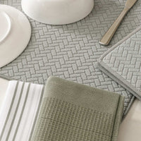 Kit Cocina Absorbente 4 Piezas: 2 Mat Secaplatos + 2 Paños Algodón — Gris / Líneas Verde Olivo