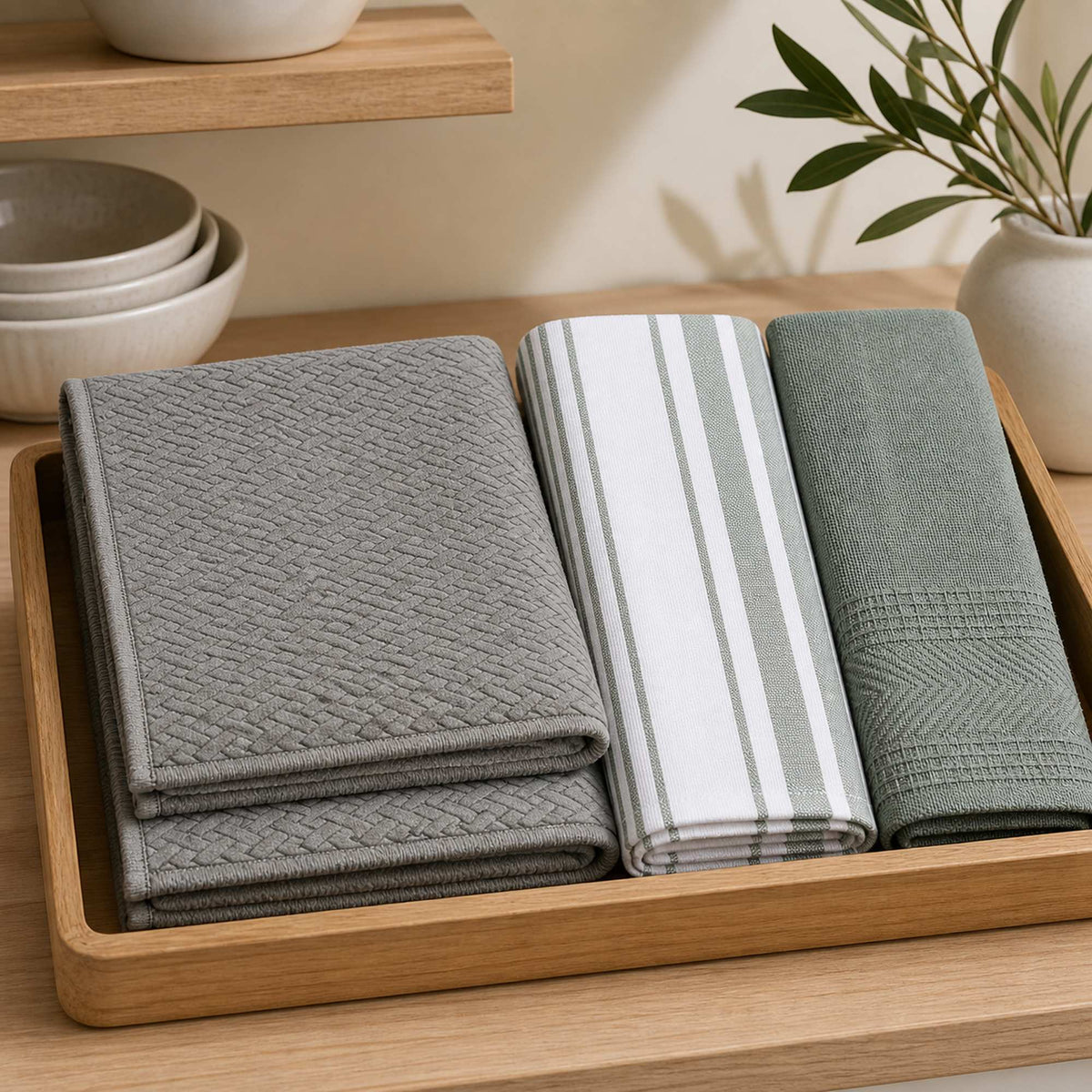 Kit Cocina Absorbente 4 Piezas: 2 Mat Secaplatos + 2 Paños Algodón — Gris / Líneas Verde Olivo