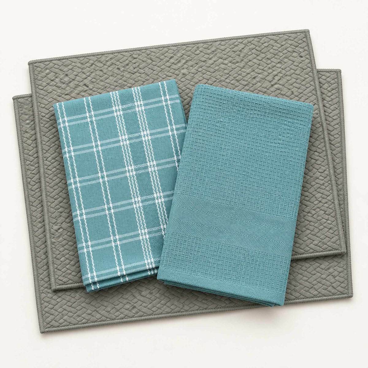 Kit Cocina Absorbente 4 Piezas: 2 Mat Secaplatos + 2 Paños Algodón — Gris / Turquesa