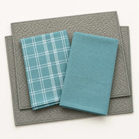Kit Cocina Absorbente 4 Piezas: 2 Mat Secaplatos + 2 Paños Algodón — Gris / Turquesa