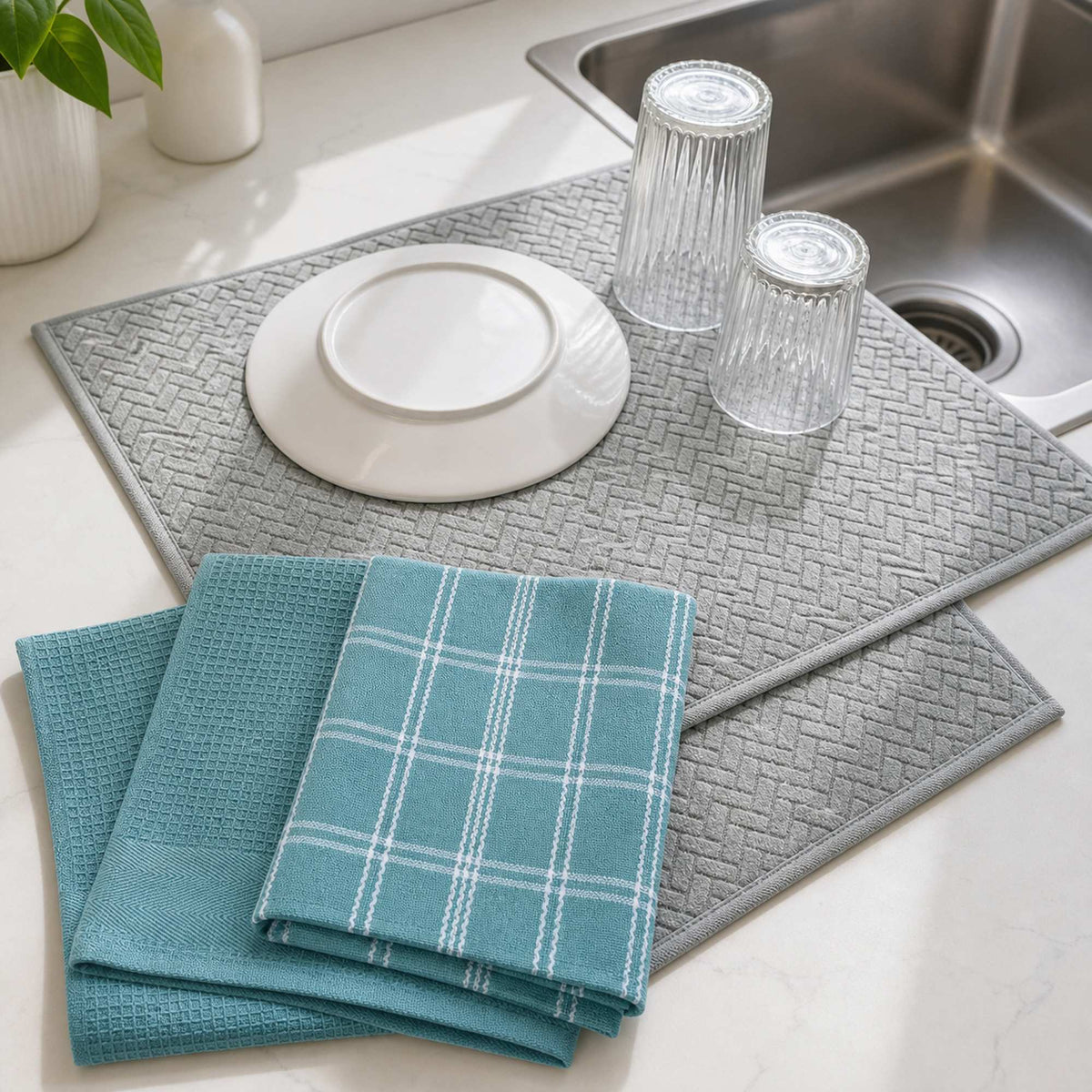 Kit Cocina Absorbente 4 Piezas: 2 Mat Secaplatos + 2 Paños Algodón — Gris / Turquesa