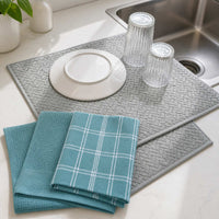 Kit Cocina Absorbente 4 Piezas: 2 Mat Secaplatos + 2 Paños Algodón — Gris / Turquesa