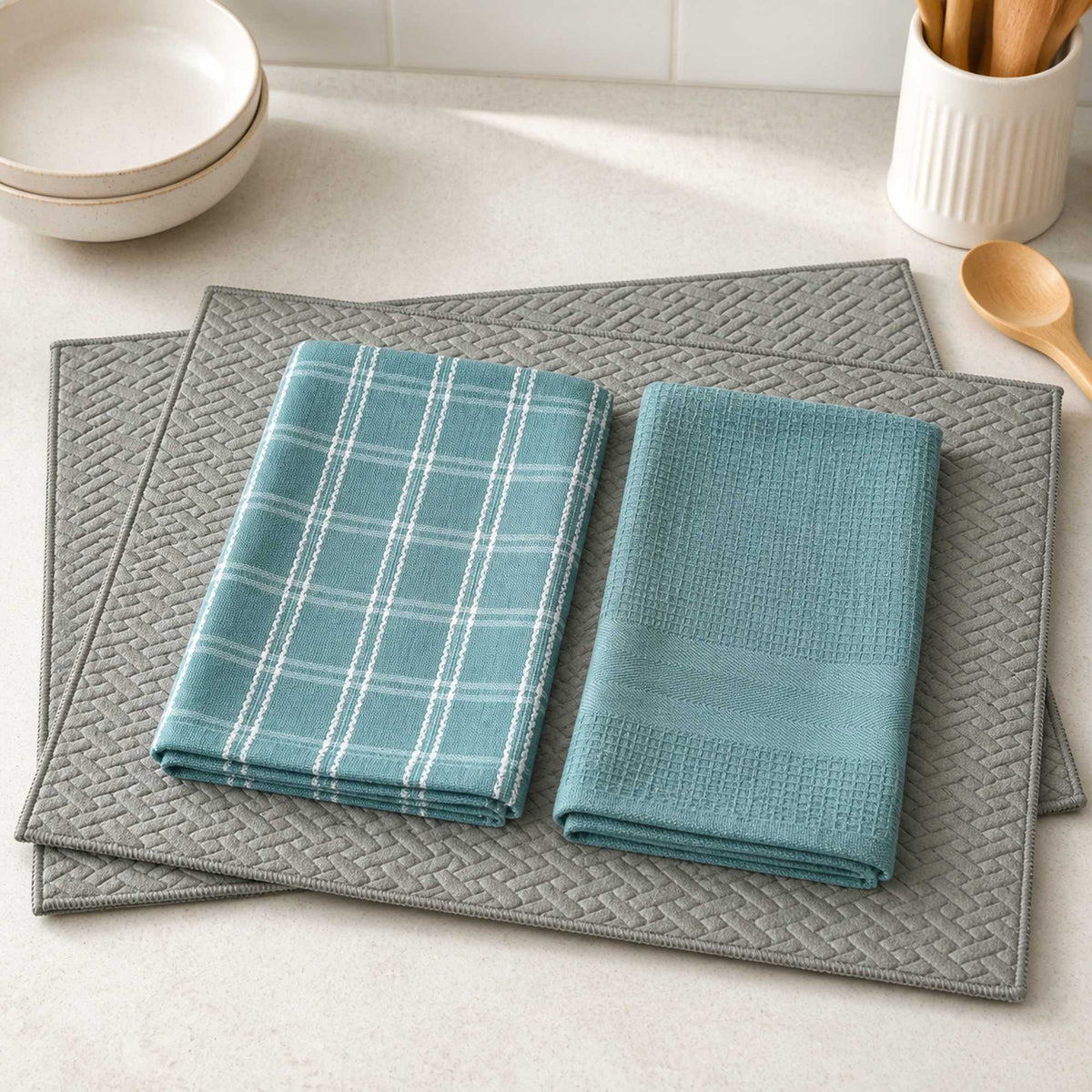 Kit Cocina Absorbente 4 Piezas: 2 Mat Secaplatos + 2 Paños Algodón — Gris / Turquesa