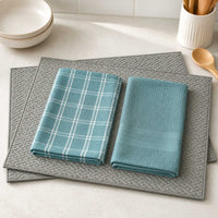 Kit Cocina Absorbente 4 Piezas: 2 Mat Secaplatos + 2 Paños Algodón — Gris / Turquesa