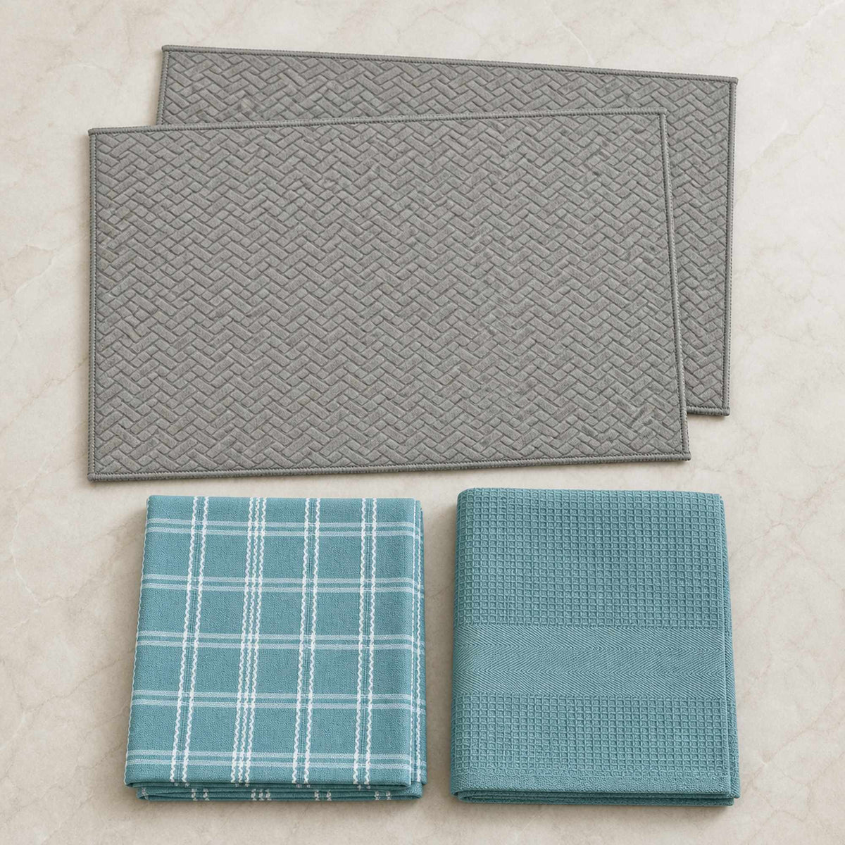 Kit Cocina Absorbente 4 Piezas: 2 Mat Secaplatos + 2 Paños Algodón — Gris / Turquesa
