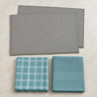 Kit Cocina Absorbente 4 Piezas: 2 Mat Secaplatos + 2 Paños Algodón — Gris / Turquesa