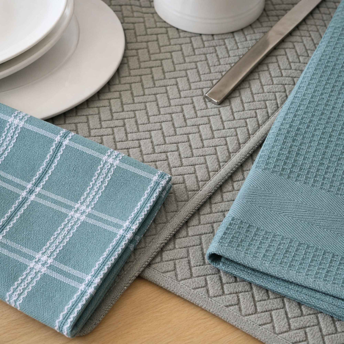 Kit Cocina Absorbente 4 Piezas: 2 Mat Secaplatos + 2 Paños Algodón — Gris / Turquesa