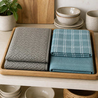 Kit Cocina Absorbente 4 Piezas: 2 Mat Secaplatos + 2 Paños Algodón — Gris / Turquesa