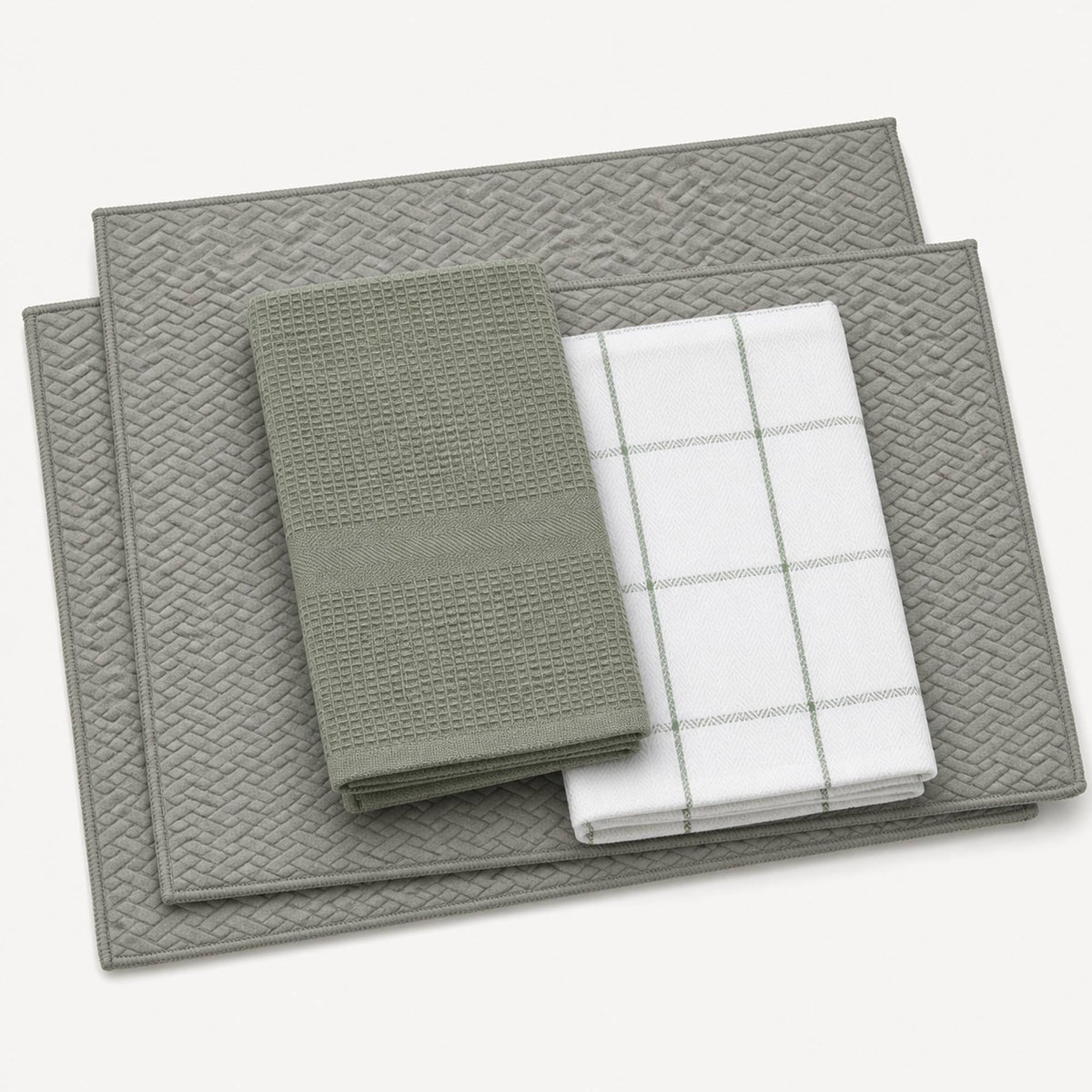 Kit Cocina Absorbente 4 Piezas: 2 Mat Secaplatos + 2 Paños Algodón — Gris / Cuadros Verde Olivo