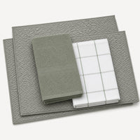 Kit Cocina Absorbente 4 Piezas: 2 Mat Secaplatos + 2 Paños Algodón — Gris / Cuadros Verde Olivo