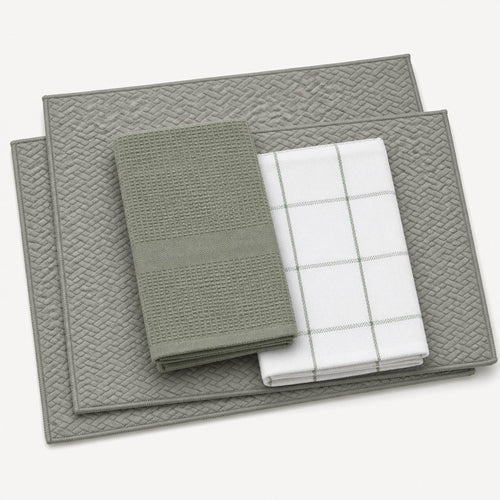 Kit Cocina Absorbente 4 Piezas: 2 Mat Secaplatos + 2 Paños Algodón — Gris / Cuadros Verde Olivo