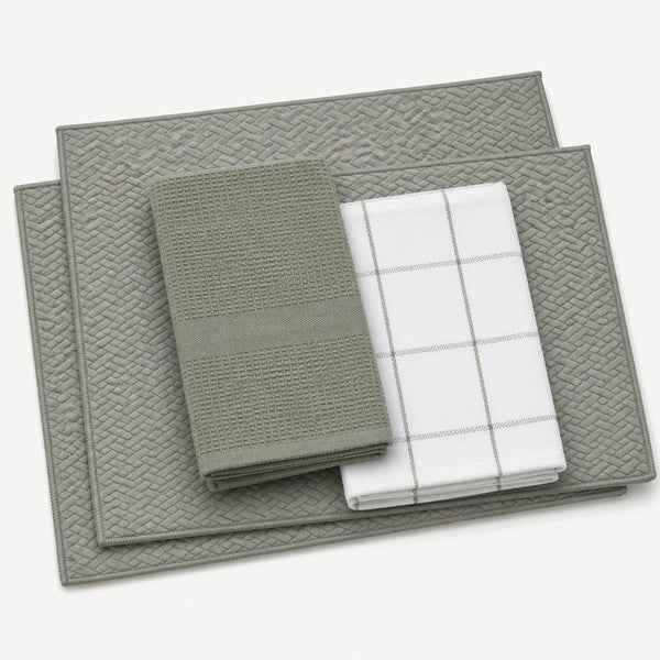 Kit Cocina Absorbente 4 Piezas: 2 Mat Secaplatos + 2 Paños Algodón — Gris / Cuadros Verde Olivo