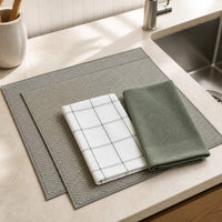 Kit Cocina Absorbente 4 Piezas: 2 Mat Secaplatos + 2 Paños Algodón — Gris / Cuadros Verde Olivo
