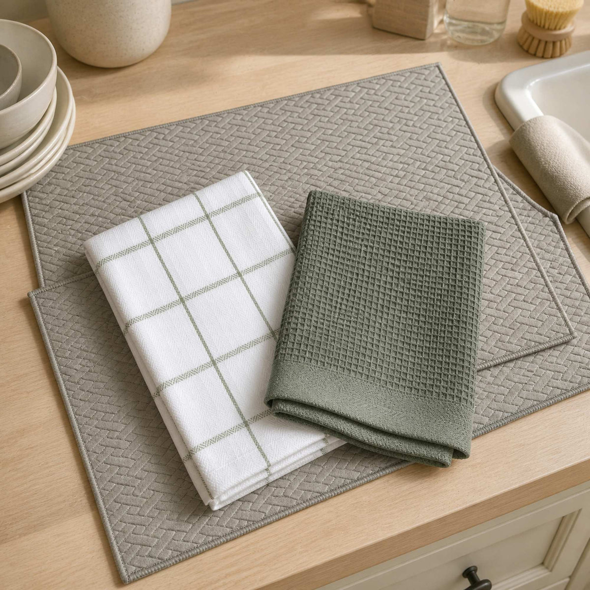 Kit Cocina Absorbente 4 Piezas: 2 Mat Secaplatos + 2 Paños Algodón — Gris / Cuadros Verde Olivo