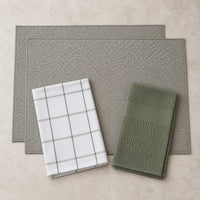 Kit Cocina Absorbente 4 Piezas: 2 Mat Secaplatos + 2 Paños Algodón — Gris / Cuadros Verde Olivo