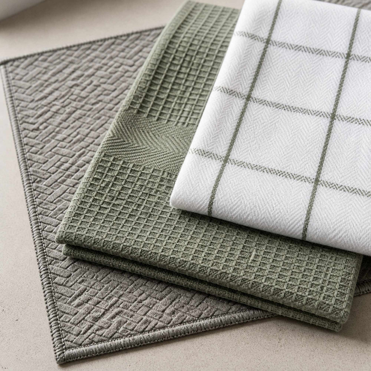 Kit Cocina Absorbente 4 Piezas: 2 Mat Secaplatos + 2 Paños Algodón — Gris / Cuadros Verde Olivo
