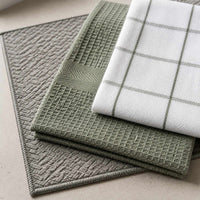 Kit Cocina Absorbente 4 Piezas: 2 Mat Secaplatos + 2 Paños Algodón — Gris / Cuadros Verde Olivo