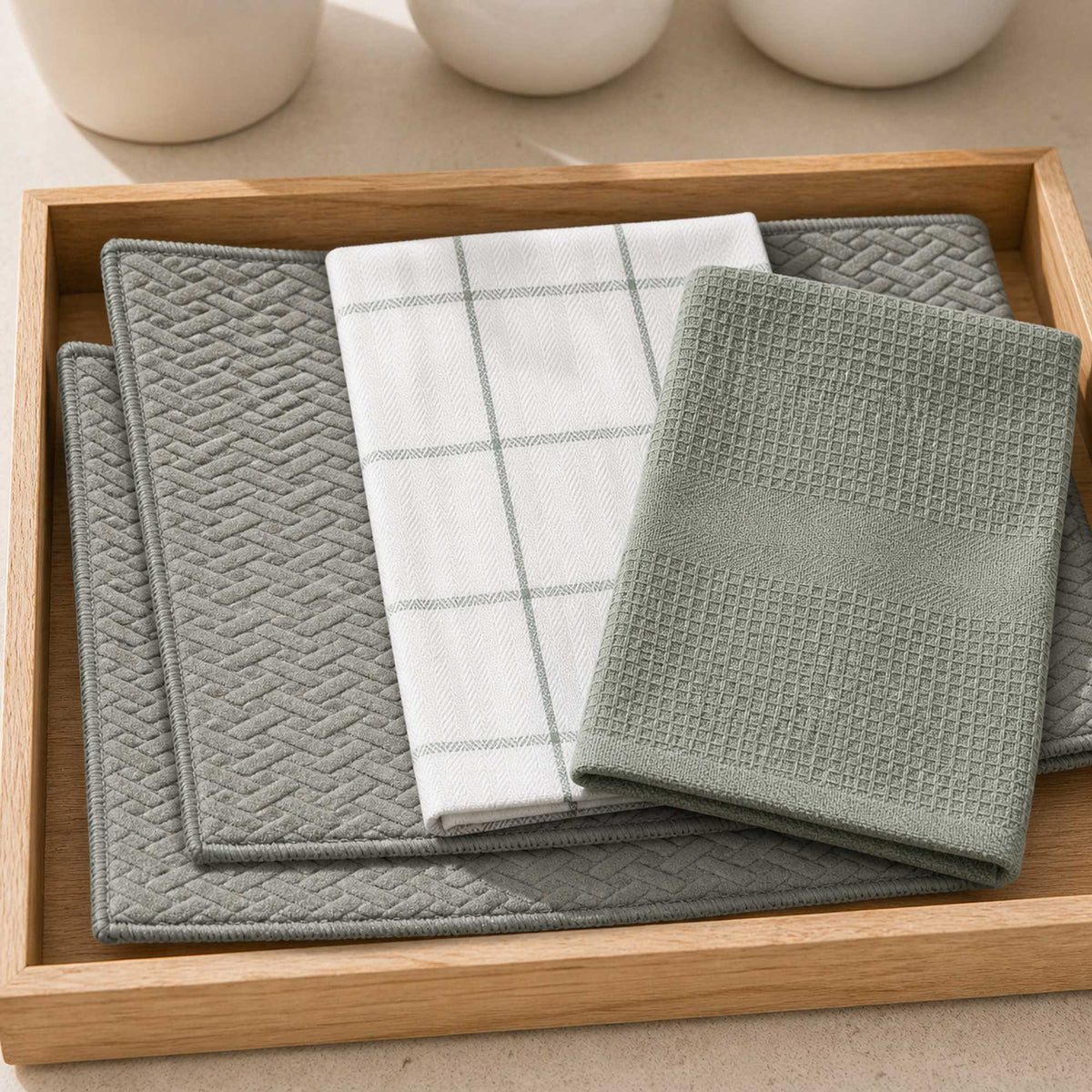Kit Cocina Absorbente 4 Piezas: 2 Mat Secaplatos + 2 Paños Algodón — Gris / Cuadros Verde Olivo