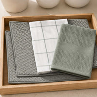 Kit Cocina Absorbente 4 Piezas: 2 Mat Secaplatos + 2 Paños Algodón — Gris / Cuadros Verde Olivo
