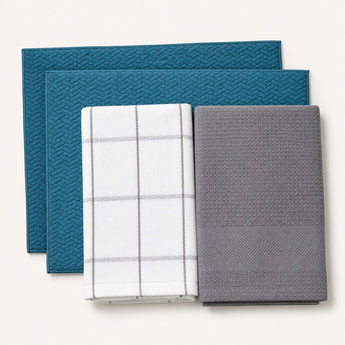 Kit Cocina Absorbente 4 Piezas: 2 Mat Secaplatos + 2 Paños Algodón — Turquesa / Cuadros Gris