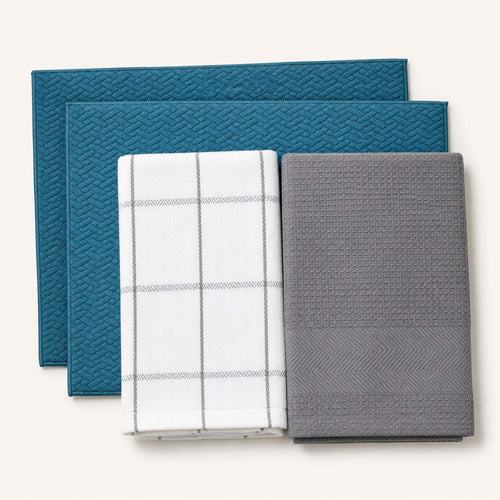Kit Cocina Absorbente 4 Piezas: 2 Mat Secaplatos + 2 Paños Algodón — Turquesa / Cuadros Gris