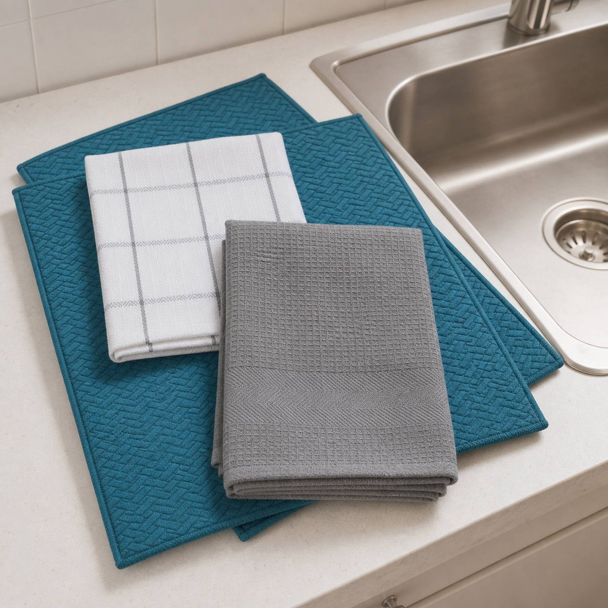 Kit Cocina Absorbente 4 Piezas: 2 Mat Secaplatos + 2 Paños Algodón — Turquesa / Cuadros Gris