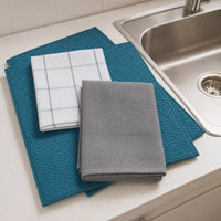 Kit Cocina Absorbente 4 Piezas: 2 Mat Secaplatos + 2 Paños Algodón — Turquesa / Cuadros Gris