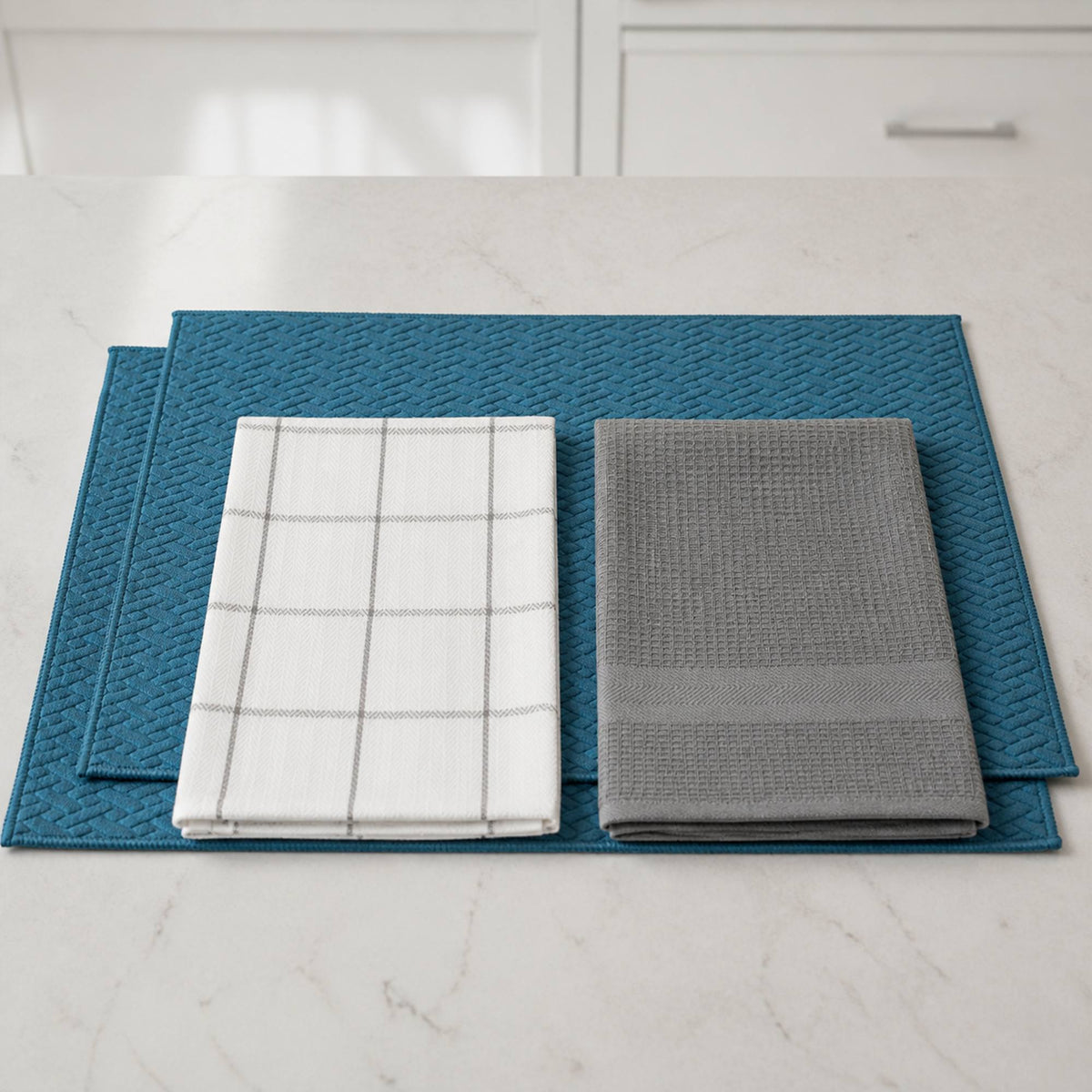 Kit Cocina Absorbente 4 Piezas: 2 Mat Secaplatos + 2 Paños Algodón — Turquesa / Cuadros Gris