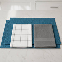 Kit Cocina Absorbente 4 Piezas: 2 Mat Secaplatos + 2 Paños Algodón — Turquesa / Cuadros Gris
