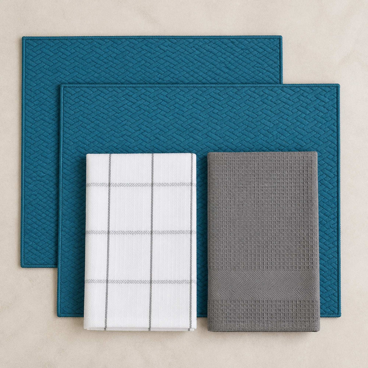 Kit Cocina Absorbente 4 Piezas: 2 Mat Secaplatos + 2 Paños Algodón — Turquesa / Cuadros Gris
