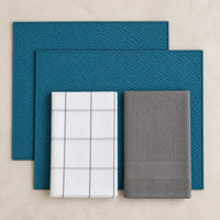 Kit Cocina Absorbente 4 Piezas: 2 Mat Secaplatos + 2 Paños Algodón — Turquesa / Cuadros Gris