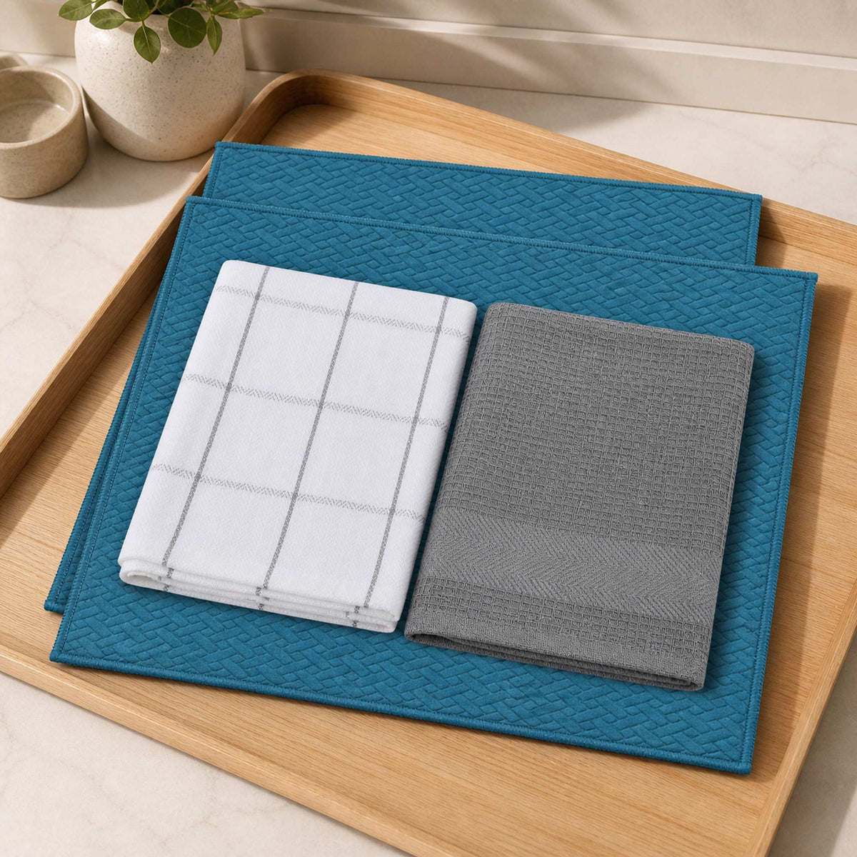 Kit Cocina Absorbente 4 Piezas: 2 Mat Secaplatos + 2 Paños Algodón — Turquesa / Cuadros Gris