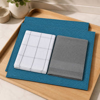 Kit Cocina Absorbente 4 Piezas: 2 Mat Secaplatos + 2 Paños Algodón — Turquesa / Cuadros Gris