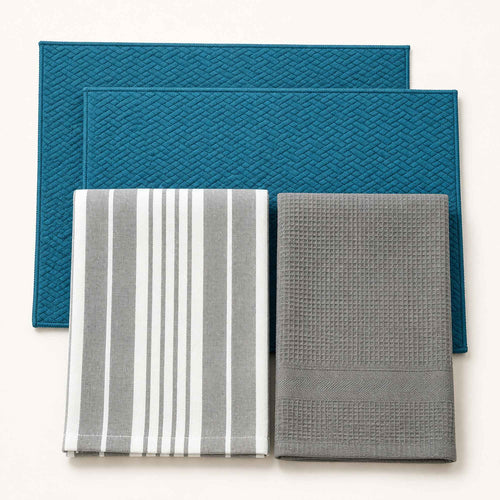 Kit Cocina Absorbente 4 Piezas: 2 Mat Secaplatos + 2 Paños Algodón — Turquesa / Líneas Gris