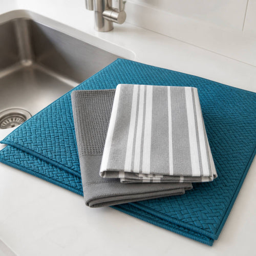 Kit Cocina Absorbente 4 Piezas: 2 Mat Secaplatos + 2 Paños Algodón — Turquesa / Líneas Gris