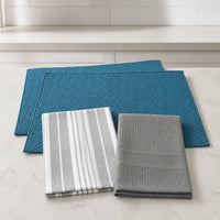 Kit Cocina Absorbente 4 Piezas: 2 Mat Secaplatos + 2 Paños Algodón — Turquesa / Líneas Gris