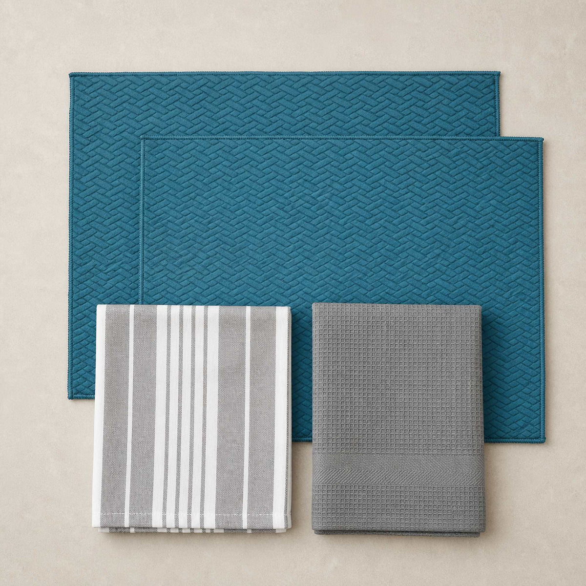 Kit Cocina Absorbente 4 Piezas: 2 Mat Secaplatos + 2 Paños Algodón — Turquesa / Líneas Gris