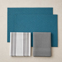 Kit Cocina Absorbente 4 Piezas: 2 Mat Secaplatos + 2 Paños Algodón — Turquesa / Líneas Gris